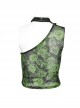 Sexy Asymmetrical Off Shoulder Black And Green Printed Mesh Stitching With Taped Adjustable Collar Punk Style Sleeveless Vest