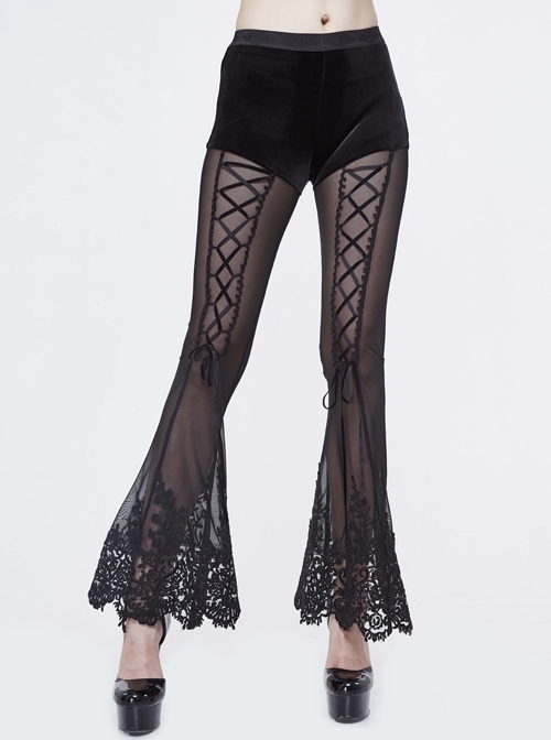 Stretch Mesh Lace-Up Lace Bottom Black Gothic Horn Leggings Pants
