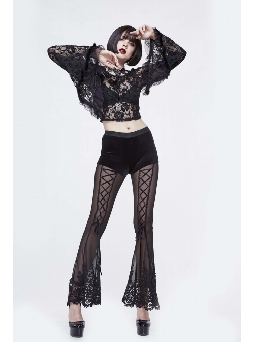 Stretch Mesh Lace-Up Lace Bottom Black Gothic Horn Leggings Pants
