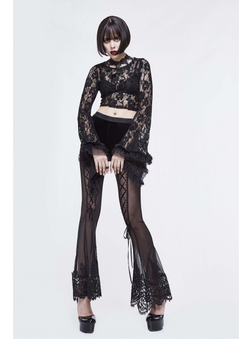 Stretch Mesh Lace-Up Lace Bottom Black Gothic Horn Leggings Pants