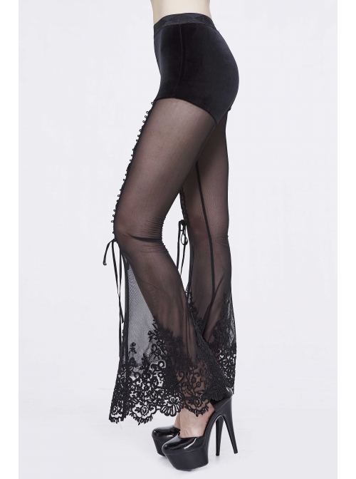Stretch Mesh Lace-Up Lace Bottom Black Gothic Horn Leggings Pants
