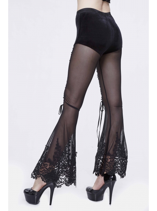 Stretch Mesh Lace-Up Lace Bottom Black Gothic Horn Leggings Pants
