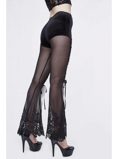 Stretch Mesh Lace-Up Lace Bottom Black Gothic Horn Leggings Pants