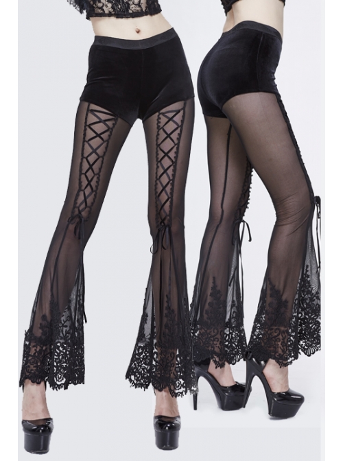Stretch Mesh Lace-Up Lace Bottom Black Gothic Horn Leggings Pants