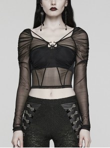 Black See Through Stretch Gathered Mesh With Personalized Rings In The Front Gothic Style Long Sleeved Square Neck T-Shirt