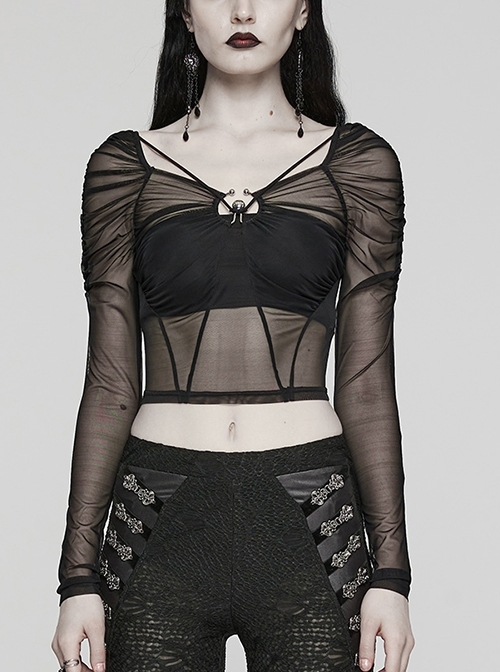 Black See Through Stretch Gathered Mesh With Personalized Rings In The Front Gothic Style Long Sleeved Square Neck T-Shirt