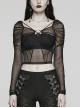 Black See Through Stretch Gathered Mesh With Personalized Rings In The Front Gothic Style Long Sleeved Square Neck T-Shirt