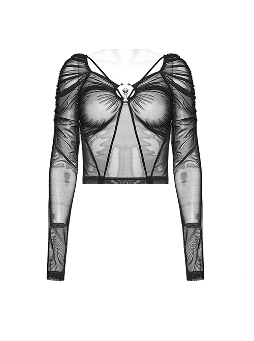 Black See Through Stretch Gathered Mesh With Personalized Rings In The Front Gothic Style Long Sleeved Square Neck T-Shirt