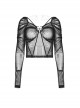 Black See Through Stretch Gathered Mesh With Personalized Rings In The Front Gothic Style Long Sleeved Square Neck T-Shirt