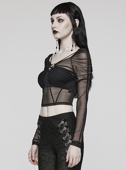 Black See Through Stretch Gathered Mesh With Personalized Rings In The Front Gothic Style Long Sleeved Square Neck T-Shirt