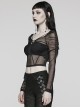 Black See Through Stretch Gathered Mesh With Personalized Rings In The Front Gothic Style Long Sleeved Square Neck T-Shirt