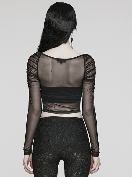 Black See Through Stretch Gathered Mesh With Personalized Rings In The Front Gothic Style Long Sleeved Square Neck T-Shirt
