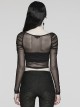 Black See Through Stretch Gathered Mesh With Personalized Rings In The Front Gothic Style Long Sleeved Square Neck T-Shirt
