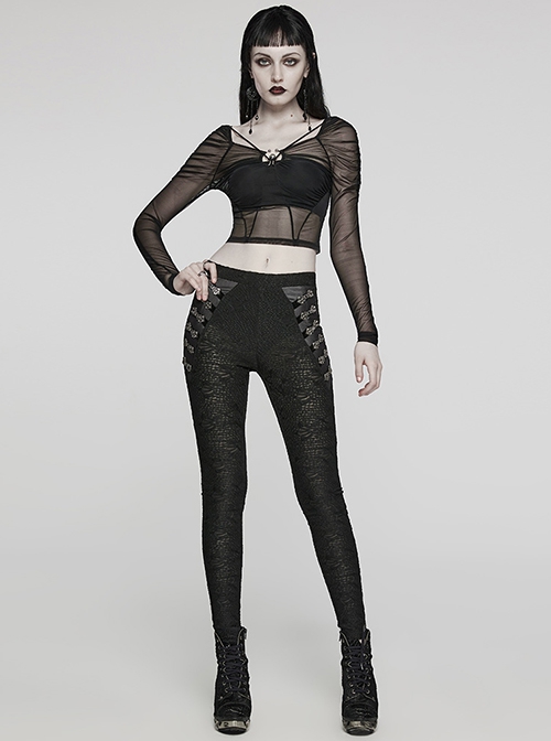 Black See Through Stretch Gathered Mesh With Personalized Rings In The Front Gothic Style Long Sleeved Square Neck T-Shirt
