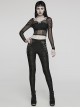 Black See Through Stretch Gathered Mesh With Personalized Rings In The Front Gothic Style Long Sleeved Square Neck T-Shirt