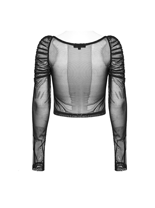 Black See Through Stretch Gathered Mesh With Personalized Rings In The Front Gothic Style Long Sleeved Square Neck T-Shirt