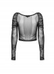 Black See Through Stretch Gathered Mesh With Personalized Rings In The Front Gothic Style Long Sleeved Square Neck T-Shirt