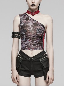 Sexy Asymmetrical Off Shoulder Black And Red Printed Mesh Stitching With Taped Adjustable Collar Punk Style Sleeveless Vest