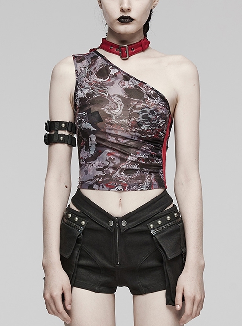 Sexy Asymmetrical Off Shoulder Black And Red Printed Mesh Stitching With Taped Adjustable Collar Punk Style Sleeveless Vest