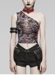 Sexy Asymmetrical Off Shoulder Black And Red Printed Mesh Stitching With Taped Adjustable Collar Punk Style Sleeveless Vest