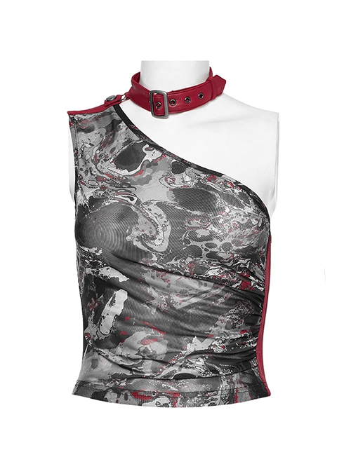 Sexy Asymmetrical Off Shoulder Black And Red Printed Mesh Stitching With Taped Adjustable Collar Punk Style Sleeveless Vest