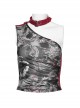 Sexy Asymmetrical Off Shoulder Black And Red Printed Mesh Stitching With Taped Adjustable Collar Punk Style Sleeveless Vest