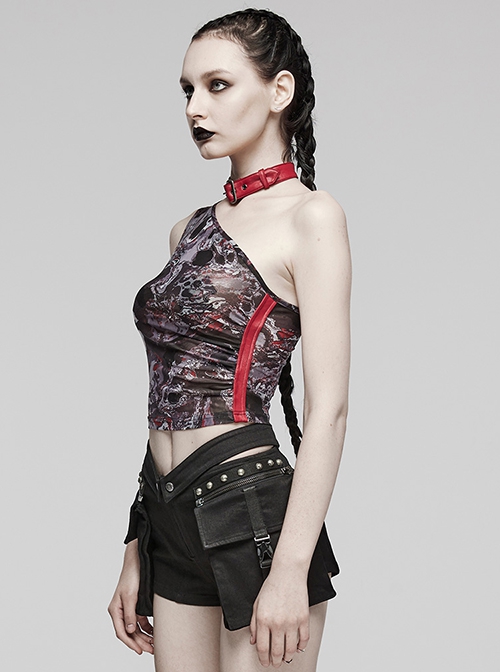 Sexy Asymmetrical Off Shoulder Black And Red Printed Mesh Stitching With Taped Adjustable Collar Punk Style Sleeveless Vest