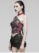 Sexy Asymmetrical Off Shoulder Black And Red Printed Mesh Stitching With Taped Adjustable Collar Punk Style Sleeveless Vest