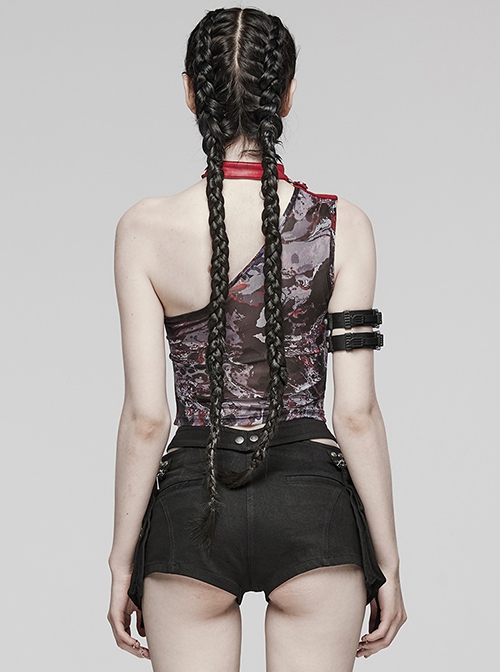 Sexy Asymmetrical Off Shoulder Black And Red Printed Mesh Stitching With Taped Adjustable Collar Punk Style Sleeveless Vest