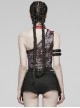 Sexy Asymmetrical Off Shoulder Black And Red Printed Mesh Stitching With Taped Adjustable Collar Punk Style Sleeveless Vest