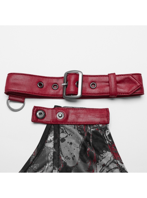 Sexy Asymmetrical Off Shoulder Black And Red Printed Mesh Stitching With Taped Adjustable Collar Punk Style Sleeveless Vest