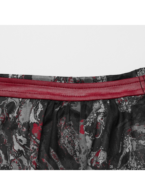 Sexy Asymmetrical Off Shoulder Black And Red Printed Mesh Stitching With Taped Adjustable Collar Punk Style Sleeveless Vest