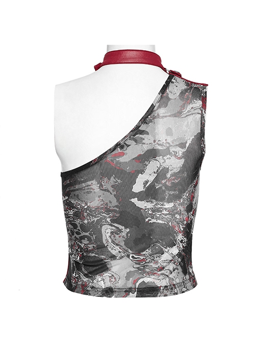 Sexy Asymmetrical Off Shoulder Black And Red Printed Mesh Stitching With Taped Adjustable Collar Punk Style Sleeveless Vest
