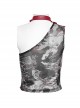 Sexy Asymmetrical Off Shoulder Black And Red Printed Mesh Stitching With Taped Adjustable Collar Punk Style Sleeveless Vest