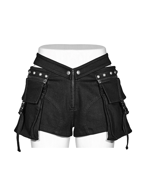 Detachable Black Stretch Denim Slip Pocket Punk Style Low Rise Performance Shorts
