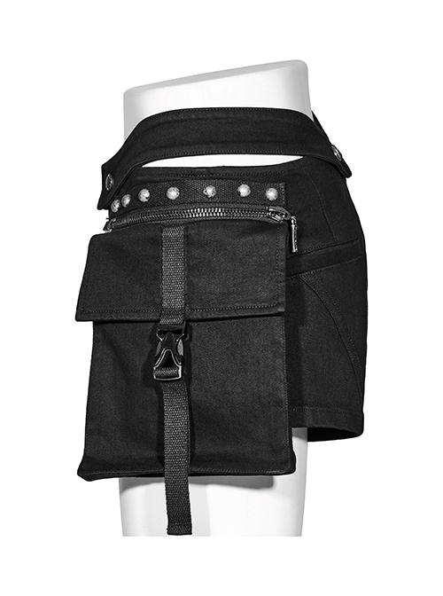 Detachable Black Stretch Denim Slip Pocket Punk Style Low Rise Performance Shorts