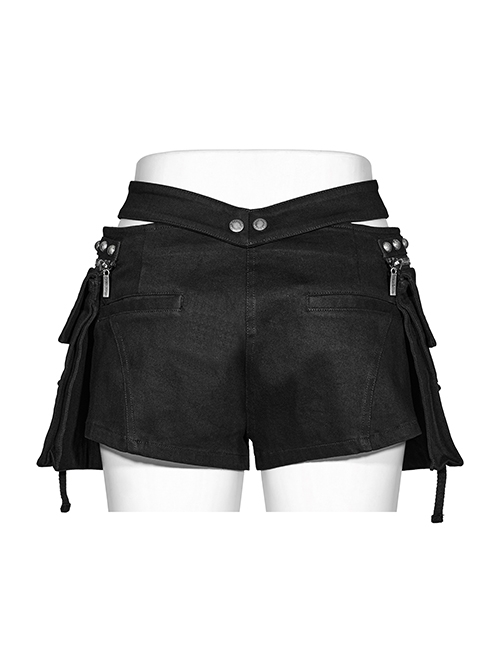 Detachable Black Stretch Denim Slip Pocket Punk Style Low Rise Performance Shorts