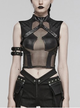 Sexy Black Stretch Knit Patchwork Mesh With Eyelet Tabs On The Front Punk Style See Through Vest
