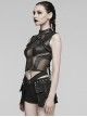 Sexy Black Stretch Knit Patchwork Mesh With Eyelet Tabs On The Front Punk Style See Through Vest