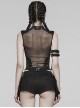 Sexy Black Stretch Knit Patchwork Mesh With Eyelet Tabs On The Front Punk Style See Through Vest