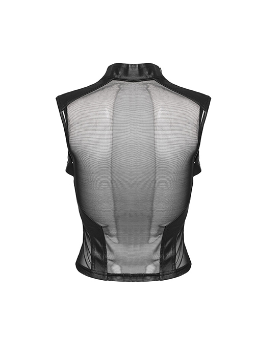 Sexy Black Stretch Knit Patchwork Mesh With Eyelet Tabs On The Front Punk Style See Through Vest