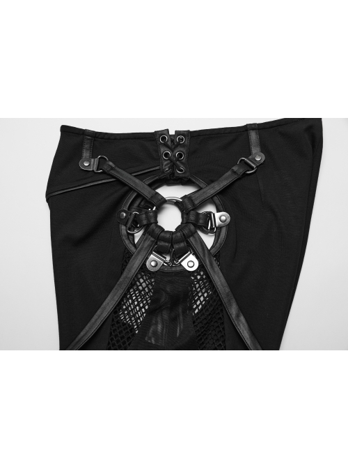 Black Stretch Tight Knit Patchwork Split Hollow Mesh Punk Style Slim Leggings