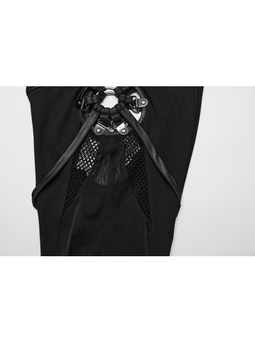 Black Stretch Tight Knit Patchwork Split Hollow Mesh Punk Style Slim Leggings