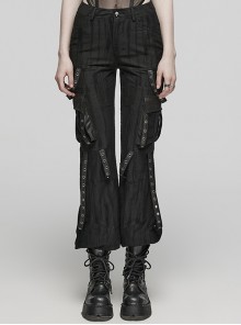 Handsome Black Knitted Loose Trousers With Movable Eyelet Webbing On Both Sides And Punk Style Leggings
