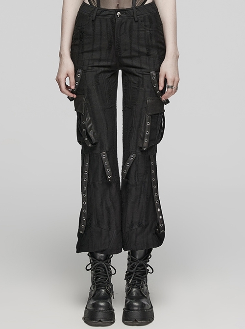 Handsome Black Knitted Loose Trousers With Movable Eyelet Webbing On Both Sides And Punk Style Leggings