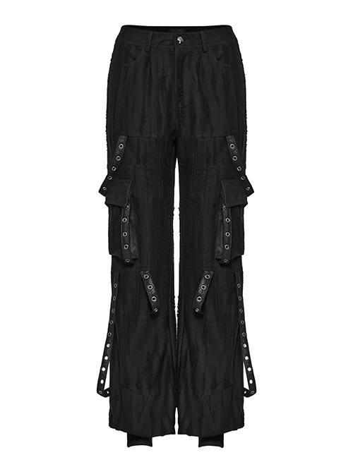 Handsome Black Knitted Loose Trousers With Movable Eyelet Webbing On Both Sides And Punk Style Leggings