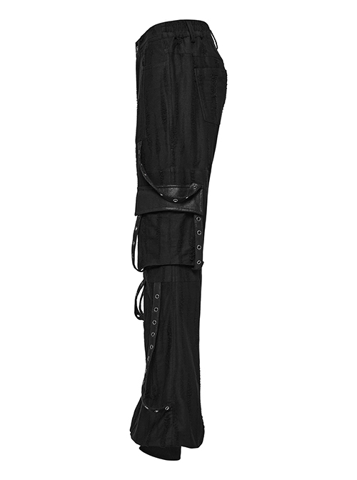 Handsome Black Knitted Loose Trousers With Movable Eyelet Webbing On Both Sides And Punk Style Leggings