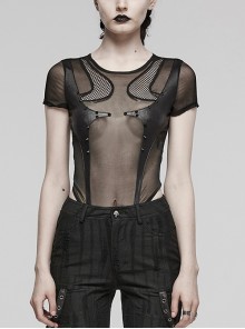 Sexy Black Stretch Mesh Patchwork Knitted Taped Punk Style Short Sleeved Bodysuit