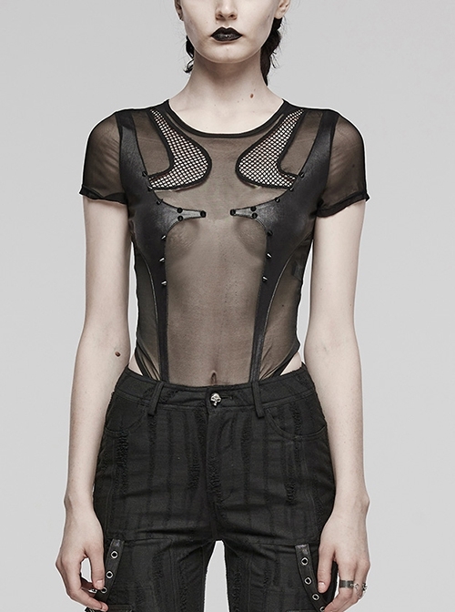 Sexy Black Stretch Mesh Patchwork Knitted Taped Punk Style Short Sleeved Bodysuit