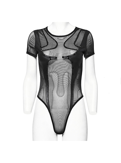 Sexy Black Stretch Mesh Patchwork Knitted Taped Punk Style Short Sleeved Bodysuit